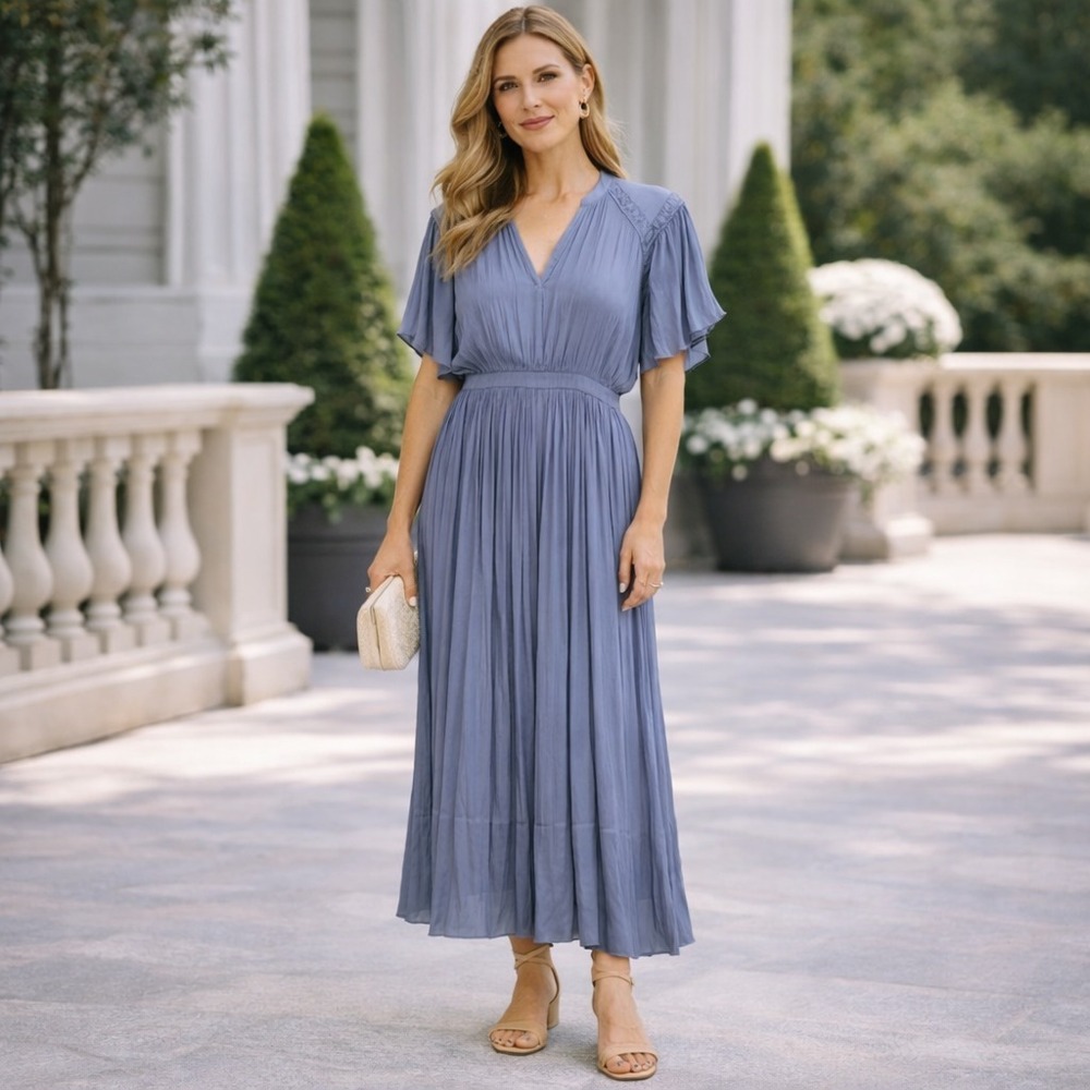 JOIE New Pleated Long Dress Granite Blue Short Sleeve Women's Medium